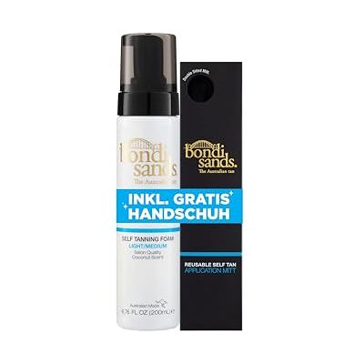 Bondi Sands Self Tanning Set Selbstbräuner Schaum für hellere/mittlere Hauttöne, Inhalt: 200 ml Mit Anwendungshandschuh Self Tanning Foam Light/Medium mit Aloe Vera Streifenfreie Bräune Bondi Sands Self Tanning Set Selbstbräuner Schaum für hellere/mittlere Hauttöne, Inhalt: 200 ml Mit Anwendungshandschuh Self Tanning Foam Light/Medium mit Aloe Vera Streifenfreie Bräune