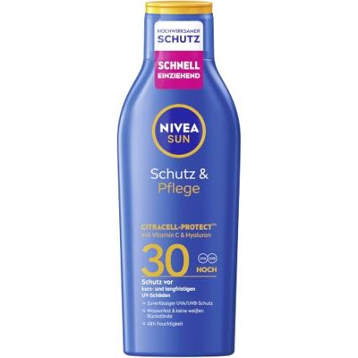 Beiersdorf NIVEA SUN Schutz & Pflege Sonnenlotion LSF 30, wasserfester Sonnenschutz mit Vitamin C & Hyaluron, schnell einziehende Sonnencreme für 48h Feuchtigkeit ohne weißen Film (200 ml) Beiersdorf NIVEA SUN Schutz & Pflege Sonnenlotion LSF 30, wasserfester Sonnenschutz mit Vitamin C & Hyaluron, schnell einziehende Sonnencreme für 48h Feuchtigkeit ohne weißen Film (200 ml)