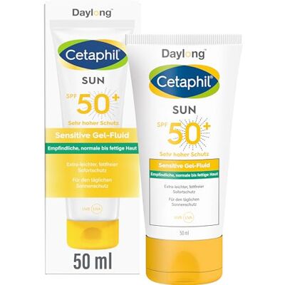 Cetaphil SUN Sensitive Gel-Fluid SPF 50+, 50ml, Sonnenschutz für empfindliche bis fettige, zu Sonnenallergie neigende Haut, Hochwirksame Sonnencreme für das Gesicht, Frei von Parfüm und Emulgatoren Cetaphil SUN Sensitive Gel-Fluid SPF 50+, 50ml, Sonnenschutz für empfindliche bis fettige, zu Sonnenallergie neigende Haut, Hochwirksame Sonnencreme für das Gesicht, Frei von Parfüm und Emulgatoren