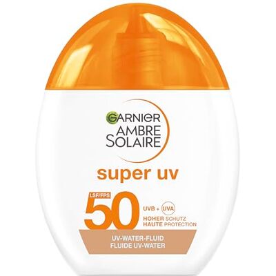 Garnier Ambre Solaire Super UV UV-Water-Fluid LSF 50 – Getönte Sonnencreme für das Gesicht – 12h Frische & Dry-Touch Effekt – Zieht schnell ein, strahlender Glow & nicht fettend – 40ml Garnier Ambre Solaire Super UV UV-Water-Fluid LSF 50 – Getönte Sonnencreme für das Gesicht – 12h Frische & Dry-Touch Effekt – Zieht schnell ein, strahlender Glow & nicht fettend – 40ml