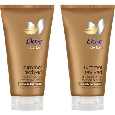 Dove Selbstbräunungslotion für Gesicht und Körper Summer Revived, Für Mittlere und Dunkle Hauttypen, Stufenweise Bräunung, Natürliches Finish, 72H Feuchtigkeit, Mit Aloe Vera-Extrakt, 2x 75 ml Dove Selbstbräunungslotion für Gesicht und Körper Summer Revived, Für Mittlere und Dunkle Hauttypen, Stufenweise Bräunung, Natürliches Finish, 72H Feuchtigkeit, Mit Aloe Vera-Extrakt, 2x 75 ml