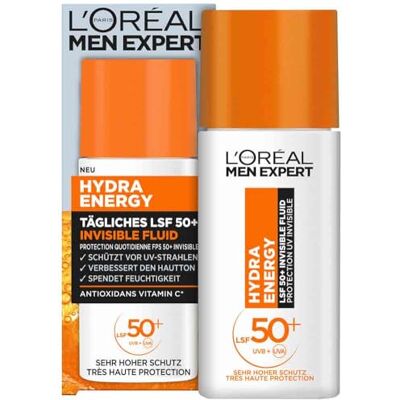 L'Oréal UV Sonnenschutz LSF 50 für Männer, Invisible Fluid für das Gesicht gegen Sonnenstrahlen, Herren Sonnencreme SPF 50+ gegen Hautalterung mit Vitamin C, Hydra Energy, 1 x 50 ml L'Oréal UV Sonnenschutz LSF 50 für Männer, Invisible Fluid für das Gesicht gegen Sonnenstrahlen, Herren Sonnencreme SPF 50+ gegen Hautalterung mit Vitamin C, Hydra Energy, 1 x 50 ml