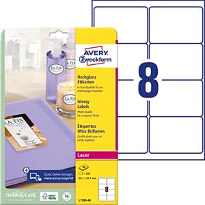 Avery L7765-40 Hochglanz-Etiketten (320 Glossy Aufkleber, 99,1x67,7mm auf A4, selbstklebend, bedruckbar, hochglänzendes Papier zur Produktkennzeichnung, für Laser-Drucker) 40 Blatt, weiß Avery L7765-40 Hochglanz-Etiketten (320 Glossy Aufkleber, 99,1x67,7mm auf A4, selbstklebend, bedruckbar, hochglänzendes Papier zur Produktkennzeichnung, für Laser-Drucker) 40 Blatt, weiß