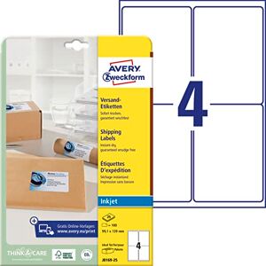 Avery J8169-25 Versandetiketten/Versandaufkleber (100 Etiketten, 99,1x139mm auf A4, bedruckbar, selbstklebend, für Inkjet-Drucker, für Pakete und Päckchen) 25 Blatt, weiß Avery J8169-25 Versandetiketten/Versandaufkleber (100 Etiketten, 99,1x139mm auf A4, bedruckbar, selbstklebend, für Inkjet-Drucker, für Pakete und Päckchen) 25 Blatt, weiß