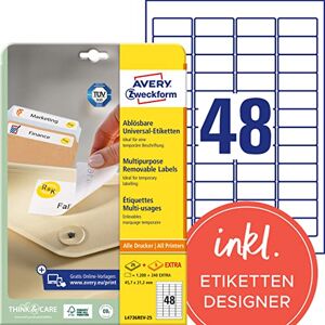 Avery L4736REV-25 Universal Etiketten (1.200 plus 240 Klebeetiketten extra, 45,7x21,2mm auf A4, wieder rückstandsfrei ablösbar/abziehbar, bedruckbar, selbstklebende Aufkleber) 30 Blatt, weiß Avery L4736REV-25 Universal Etiketten (1.200 plus 240 Klebeetiketten extra, 45,7x21,2mm auf A4, wieder rückstandsfrei ablösbar/abziehbar, bedruckbar, selbstklebende Aufkleber) 30 Blatt, weiß