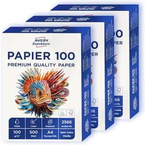 Avery 2566 Drucker-/Kopierpapier (1.500 Blatt, 100 g/m², DIN A4 Papier, hochweiß, für alle Drucker) 1 Box mit 3 Pack Avery 2566 Drucker-/Kopierpapier (1.500 Blatt, 100 g/m², DIN A4 Papier, hochweiß, für alle Drucker) 1 Box mit 3 Pack