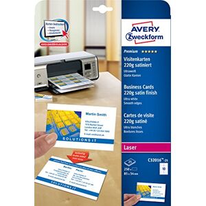 Avery C32016-25 Premium Visitenkarten, blanko (250 Stück, 220g, 85x54 mm, beidseitig bedruckbar, satiniert ultraweiß, absolut glatte Kanten, 25 Blatt) zum Selbstbedrucken auf Laser-Druckern Avery C32016-25 Premium Visitenkarten, blanko (250 Stück, 220g, 85x54 mm, beidseitig bedruckbar, satiniert ultraweiß, absolut glatte Kanten, 25 Blatt) zum Selbstbedrucken auf Laser-Druckern