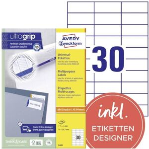 Avery 3489 Universal Etiketten (3.000 Klebeetiketten, 70x29,7mm auf A4, Papier matt, individuell bedruckbar, selbstklebende Aufkleber mit ultragrip) 100 Blatt, weiß Avery 3489 Universal Etiketten (3.000 Klebeetiketten, 70x29,7mm auf A4, Papier matt, individuell bedruckbar, selbstklebende Aufkleber mit ultragrip) 100 Blatt, weiß
