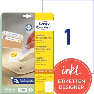 Avery L4735REV-25 Universal Etiketten (25 plus 5 Klebeetiketten extra, 210x297mm auf A4, wieder rückstandsfrei ablösbar/abziehbar, bedruckbar, selbstklebende Aufkleber) 30 Blatt, weiß Avery L4735REV-25 Universal Etiketten (25 plus 5 Klebeetiketten extra, 210x297mm auf A4, wieder rückstandsfrei ablösbar/abziehbar, bedruckbar, selbstklebende Aufkleber) 30 Blatt, weiß