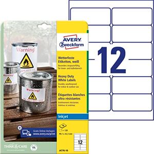 Avery J4776-10 Wetterfeste Folienetiketten Inkjet (120 Aufkleber, 99,1x42,3mm auf A4, extrem stark selbstklebend, wasserfest, strapazierfähig, bedruckbare Outdoor Klebefolie) 10 Blatt, weiß Avery J4776-10 Wetterfeste Folienetiketten Inkjet (120 Aufkleber, 99,1x42,3mm auf A4, extrem stark selbstklebend, wasserfest, strapazierfähig, bedruckbare Outdoor Klebefolie) 10 Blatt, weiß