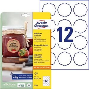 Avery Marmeladenetiketten Art. 5085 (120 Aufkleber ablösbar, 60x59,5mm auf A4, Blumenform, ideal für Einmachgläser, Gebäcktüten, Geschenke und Selbstgemachtes aus der Küche)10 Blatt weiß Avery Marmeladenetiketten Art. 5085 (120 Aufkleber ablösbar, 60x59,5mm auf A4, Blumenform, ideal für Einmachgläser, Gebäcktüten, Geschenke und Selbstgemachtes aus der Küche)10 Blatt weiß