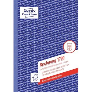 Avery 1730 Rechnung (A5, 2x40 Blatt, selbstdurchschreibend mit farbigem Durchschlag, mit Netto- und Bruttobetrag, MwSt. uvm., zur Erfassung aller rechtlich erforderlichen Angaben) weiß/gelb Avery 1730 Rechnung (A5, 2x40 Blatt, selbstdurchschreibend mit farbigem Durchschlag, mit Netto- und Bruttobetrag, MwSt. uvm., zur Erfassung aller rechtlich erforderlichen Angaben) weiß/gelb