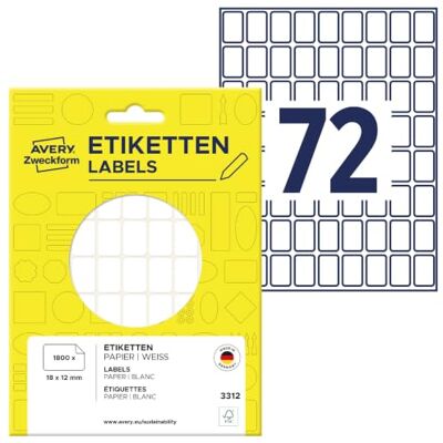 Avery 3312 Mini-Organisations-Etiketten, 18 x 12 mm, 25 Blatt/1.800 Etiketten, weiß Avery 3312 Mini-Organisations-Etiketten, 18 x 12 mm, 25 Blatt/1.800 Etiketten, weiß