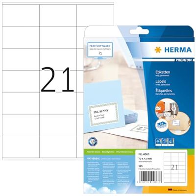 HERMA 4361 Adressetiketten, 25 Blatt, 70 x 42 mm, 21 pro A4 Bogen, 525 Stück, selbstklebend, bedruckbar, matt, blanko Papier Adressaufkleber Etiketten, weiß HERMA 4361 Adressetiketten, 25 Blatt, 70 x 42 mm, 21 pro A4 Bogen, 525 Stück, selbstklebend, bedruckbar, matt, blanko Papier Adressaufkleber Etiketten, weiß
