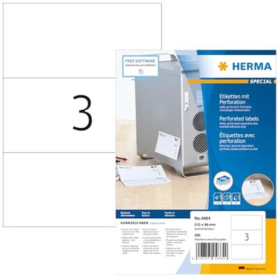 HERMA 4664 Etiketten perforiert, 100 Blatt, 210 x 99 mm, 3 pro A4 Bogen, 300 Stück, selbstklebend, bedruckbar, matt, blanko Papier Klebeetiketten Aufkleber mit perforierten Trennlinien, weiß HERMA 4664 Etiketten perforiert, 100 Blatt, 210 x 99 mm, 3 pro A4 Bogen, 300 Stück, selbstklebend, bedruckbar, matt, blanko Papier Klebeetiketten Aufkleber mit perforierten Trennlinien, weiß