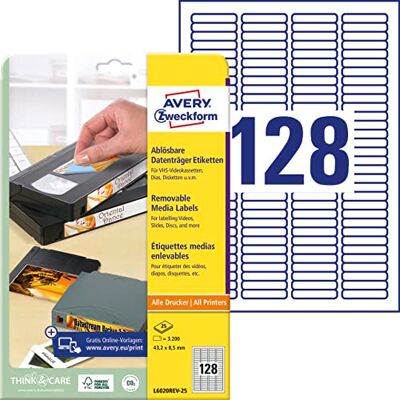 Avery L6020REV-25 Etiketten für Dias (3.200 Aufkleber, 43,2x8,5mm auf A4, bedruckbar, selbstklebend, wiederablösbar, für Dias, VHS-/C-Videokassetten, Mini DV und DAT) 25 Blatt, weiß Avery L6020REV-25 Etiketten für Dias (3.200 Aufkleber, 43,2x8,5mm auf A4, bedruckbar, selbstklebend, wiederablösbar, für Dias, VHS-/C-Videokassetten, Mini DV und DAT) 25 Blatt, weiß