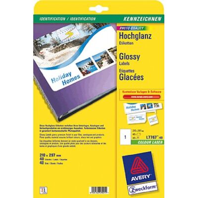 Avery L7767-40 Hochglanz-Etiketten (40 Glossy Aufkleber, 210x297mm auf A4, selbstklebend, bedruckbar, hochglänzendes Papier zur Produktkennzeichnung, für Laser-Drucker) 40 Blatt, weiß Avery L7767-40 Hochglanz-Etiketten (40 Glossy Aufkleber, 210x297mm auf A4, selbstklebend, bedruckbar, hochglänzendes Papier zur Produktkennzeichnung, für Laser-Drucker) 40 Blatt, weiß