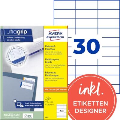 Avery 3489 Universal Etiketten (3.000 Klebeetiketten, 70x29,7mm auf A4, Papier matt, individuell bedruckbar, selbstklebende Aufkleber mit ultragrip) 100 Blatt, weiß Avery 3489 Universal Etiketten (3.000 Klebeetiketten, 70x29,7mm auf A4, Papier matt, individuell bedruckbar, selbstklebende Aufkleber mit ultragrip) 100 Blatt, weiß