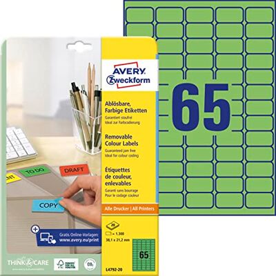Avery L4792-20 Grüne Etiketten (1.300 Aufkleber, 38,1x21,2 mm auf A4, wieder rückstandsfrei ablösbar, selbstklebende Farbetiketten, Papier matt, bedruckbare, farbige Klebeetiketten) 20 Blatt Avery L4792-20 Grüne Etiketten (1.300 Aufkleber, 38,1x21,2 mm auf A4, wieder rückstandsfrei ablösbar, selbstklebende Farbetiketten, Papier matt, bedruckbare, farbige Klebeetiketten) 20 Blatt