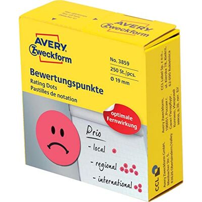 Avery 3859 selbstklebende Klebepunkte 250 Stück (negative Bewertungspunkte auf Rolle im Spender, Ø 19mm, Aufkleber trauriges Gesicht, Sticker zum Abstimmen, Bewerten und Kennzeichnen) rot Avery 3859 selbstklebende Klebepunkte 250 Stück (negative Bewertungspunkte auf Rolle im Spender, Ø 19mm, Aufkleber trauriges Gesicht, Sticker zum Abstimmen, Bewerten und Kennzeichnen) rot