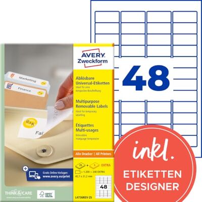 Avery L4736REV-25 Universal Etiketten (1.200 plus 240 Klebeetiketten extra, 45,7x21,2mm auf A4, wieder rückstandsfrei ablösbar/abziehbar, bedruckbar, selbstklebende Aufkleber) 30 Blatt, weiß Avery L4736REV-25 Universal Etiketten (1.200 plus 240 Klebeetiketten extra, 45,7x21,2mm auf A4, wieder rückstandsfrei ablösbar/abziehbar, bedruckbar, selbstklebende Aufkleber) 30 Blatt, weiß