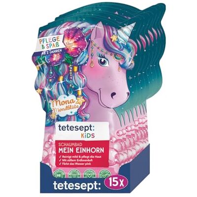 tetesept Kids Badespaß Schaumbad "Mein Einhorn" – Pflegender Badezusatz für Kinder mit fruchtigem Erdbeerduft 2 verschiedene Designs im gemischten Karton – 15er Pack (15 x 40 ml) tetesept Kids Badespaß Schaumbad "Mein Einhorn" – Pflegender Badezusatz für Kinder mit fruchtigem Erdbeerduft 2 verschiedene Designs im gemischten Karton – 15er Pack (15 x 40 ml)