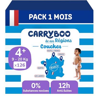 CARRYBOO Windeln Größe 4+ (9 – 20 kg) – gesund und extrem saugfähig – 12 Stunden auslaufsicher – ohne unerwünschte Substanzen – hergestellt in Frankreich – erschwinglicher Preis – 126 Einwegwindeln CARRYBOO Windeln Größe 4+ (9 – 20 kg) – gesund und extrem saugfähig – 12 Stunden auslaufsicher – ohne unerwünschte Substanzen – hergestellt in Frankreich – erschwinglicher Preis – 126 Einwegwindeln