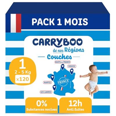 CARRYBOO Windeln Größe 1 (2-5 kg) – gesund und extrem saugfähig – 12 Stunden auslaufsicher – ohne unerwünschte Substanzen – hergestellt in Frankreich – erschwinglicher Preis – 120 Einwegwindeln CARRYBOO Windeln Größe 1 (2-5 kg) – gesund und extrem saugfähig – 12 Stunden auslaufsicher – ohne unerwünschte Substanzen – hergestellt in Frankreich – erschwinglicher Preis – 120 Einwegwindeln