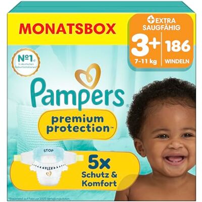 Pampers Premium Protection Größe 3+, 186 Windeln, 7kg-11kg unser Nr. 1 Haut- und Auslaufschutz Pampers Premium Protection Größe 3+, 186 Windeln, 7kg-11kg unser Nr. 1 Haut- und Auslaufschutz