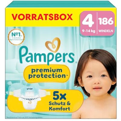 Pampers Premium Protection Größe 4, 186 Windeln, 9kg-14kg unser Nr. 1 Haut- und Auslaufschutz Pampers Premium Protection Größe 4, 186 Windeln, 9kg-14kg unser Nr. 1 Haut- und Auslaufschutz