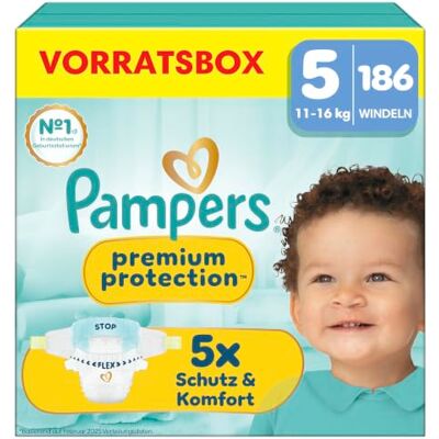 Pampers Premium Protection Größe 5, 186 Windeln, 11kg-16kg unser Nr. 1 Haut- und Auslaufschutz Pampers Premium Protection Größe 5, 186 Windeln, 11kg-16kg unser Nr. 1 Haut- und Auslaufschutz