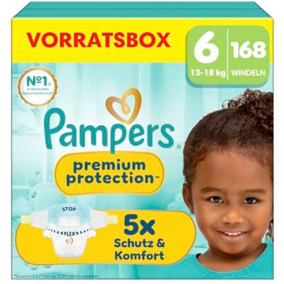 Pampers Premium Protection Größe 6, 168 Windeln, 13kg-18kg unser Nr. 1 Haut- und Auslaufschutz Pampers Premium Protection Größe 6, 168 Windeln, 13kg-18kg unser Nr. 1 Haut- und Auslaufschutz
