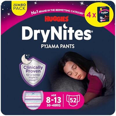 HUGGIES DryNites hochabsorbierende Nachtwindeln bei Bettnässen, für Mädchen 8-13 Jahre (30-48 kg), 52 St. (4 x 13), Jumbo-Monatspack, Windel-Pants HUGGIES DryNites hochabsorbierende Nachtwindeln bei Bettnässen, für Mädchen 8-13 Jahre (30-48 kg), 52 St. (4 x 13), Jumbo-Monatspack, Windel-Pants