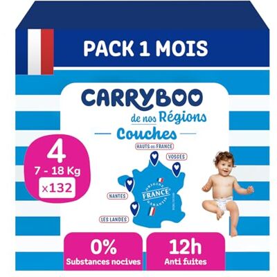 CARRYBOO Windeln Größe 4 (7-18 kg) – gesund und extrem saugfähig – 12 Stunden auslaufsicher – ohne unerwünschte Substanzen – hergestellt in Frankreich – erschwinglicher Preis – 132 Einwegwindeln CARRYBOO Windeln Größe 4 (7-18 kg) – gesund und extrem saugfähig – 12 Stunden auslaufsicher – ohne unerwünschte Substanzen – hergestellt in Frankreich – erschwinglicher Preis – 132 Einwegwindeln