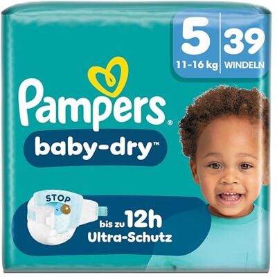 Pampers Baby-Dry Größe 5, 39 Windeln, 11kg-16kg, Bis zu 100% Auslaufschutz & Komfort die ganze Nacht Pampers Baby-Dry Größe 5, 39 Windeln, 11kg-16kg, Bis zu 100% Auslaufschutz & Komfort die ganze Nacht