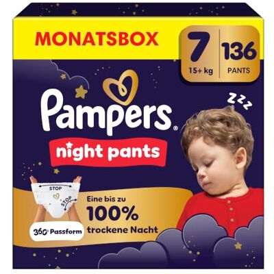 Pampers Night Pants Größe 7, 136 Windeln, 15kg+ bieten zusätzlichen Schutz für die ganze Nacht Pampers Night Pants Größe 7, 136 Windeln, 15kg+ bieten zusätzlichen Schutz für die ganze Nacht