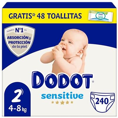DODOT Sensitive Babywindeln, Größe 2 (4-8 kg), 240 Windeln + Geschenk mit 40 Aqua Pure Feuchttüchern, 99% Wasser, bis zu 12 Stunden Auslaufschutz und Hautpflege, Monatspack DODOT Sensitive Babywindeln, Größe 2 (4-8 kg), 240 Windeln + Geschenk mit 40 Aqua Pure Feuchttüchern, 99% Wasser, bis zu 12 Stunden Auslaufschutz und Hautpflege, Monatspack