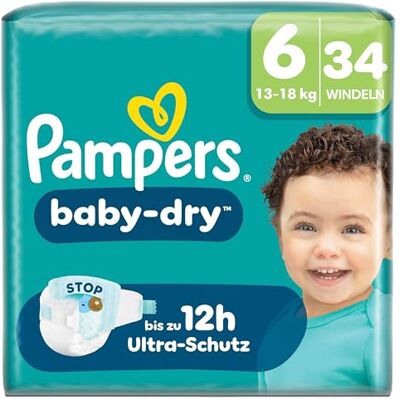 Pampers Baby-Dry Größe 6, 34 Windeln, 13kg-18kg, Bis zu 100% Auslaufschutz & Komfort die ganze Nacht Pampers Baby-Dry Größe 6, 34 Windeln, 13kg-18kg, Bis zu 100% Auslaufschutz & Komfort die ganze Nacht