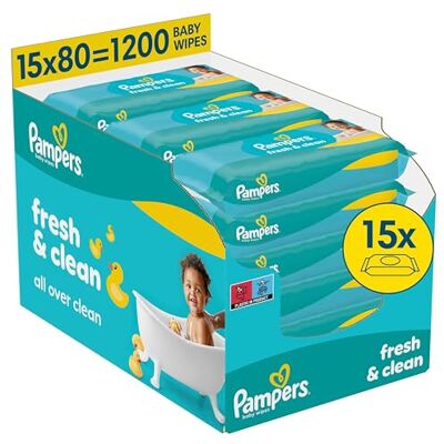 Pampers Fresh Clean Feuchttücher 15 Packungen mit 80 Stück, 1200 Feuchttücher, milder Duft, auch für Hände und Gesicht geeignet Pampers Fresh Clean Feuchttücher 15 Packungen mit 80 Stück, 1200 Feuchttücher, milder Duft, auch für Hände und Gesicht geeignet