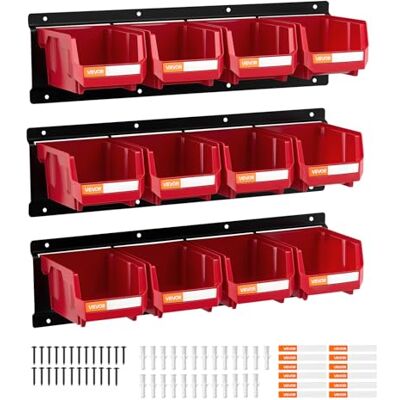VEVOR Stapelboxen Wandmontage, 137x105x75mm Lagerboxen (12er-Pack) & 3 Metallschienen, Sichtlagerboxen für Schrauben Muttern Bolzen Nägel, Werkzeug-Organizer für Werkstatt Bastelraum Garage, Rot VEVOR Stapelboxen Wandmontage, 137x105x75mm Lagerboxen (12er-Pack) & 3 Metallschienen, Sichtlagerboxen für Schrauben Muttern Bolzen Nägel, Werkzeug-Organizer für Werkstatt Bastelraum Garage, Rot
