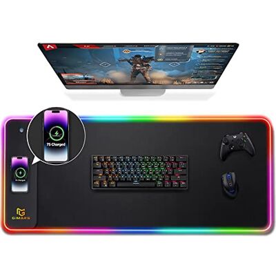 Gimars Upgrade Gaming Mauspad RGB, 15W Kabelloser Schnellladung, 800x300x5mm, Mousepad XXL mit 10 Farben LED-Licht, Groß LED Mouse Pad Gaming Zubehör mit Glatter Oberfläche, Rutschfester Gummifuß Gimars Upgrade Gaming Mauspad RGB, 15W Kabelloser Schnellladung, 800x300x5mm, Mousepad XXL mit 10 Farben LED-Licht, Groß LED Mouse Pad Gaming Zubehör mit Glatter Oberfläche, Rutschfester Gummifuß