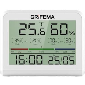 GRIFEMA GA2901 Digitales Thermo-Hygrometer, Thermometer Hygrometer Innen, Digitales Feuchtigkeitsmessgerät mit Hintergrundbeleuchtung, wetterstation, ideal für Zuhause/Gewächshaus, Weiß GRIFEMA GA2901 Digitales Thermo-Hygrometer, Thermometer Hygrometer Innen, Digitales Feuchtigkeitsmessgerät mit Hintergrundbeleuchtung, wetterstation, ideal für Zuhause/Gewächshaus, Weiß