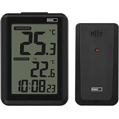 EMOS Digitales Thermometer mit drahtlosem Außensensor, Innen- und Außenthermometer und Hygrometer, Hintergrundbeleuchtung, Anzeige Min. und Max. Messwerte, Wecker mit Snooze-Funktion, Batteriebetrieb EMOS Digitales Thermometer mit drahtlosem Außensensor, Innen- und Außenthermometer und Hygrometer, Hintergrundbeleuchtung, Anzeige Min. und Max. Messwerte, Wecker mit Snooze-Funktion, Batteriebetrieb