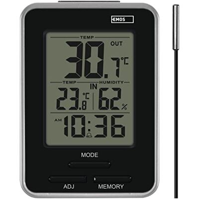 EMOS Digitales Thermometer mit Außensensor, Innen- und Außenthermometer und Hygrometer, Anzeige Min. und Max. Messwerte, Wecker mit Snooze-Funktion, batteriebetrieben, Silbern EMOS Digitales Thermometer mit Außensensor, Innen- und Außenthermometer und Hygrometer, Anzeige Min. und Max. Messwerte, Wecker mit Snooze-Funktion, batteriebetrieben, Silbern