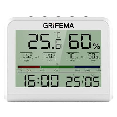 GRIFEMA GA2901 Digitales Thermo-Hygrometer, Thermometer Hygrometer Innen, Digitales Feuchtigkeitsmessgerät mit Hintergrundbeleuchtung, wetterstation, ideal für Zuhause/Gewächshaus, Weiß GRIFEMA GA2901 Digitales Thermo-Hygrometer, Thermometer Hygrometer Innen, Digitales Feuchtigkeitsmessgerät mit Hintergrundbeleuchtung, wetterstation, ideal für Zuhause/Gewächshaus, Weiß