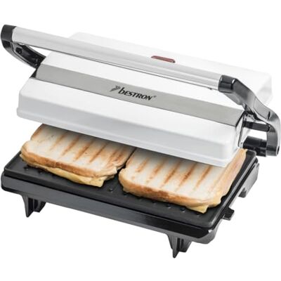 Bestron Kontaktgrill mit Auffangschale, Sandwichmaker mit Cool-Touch-Handgriff, Paninimaker mit Antihaftbeschichtung, 700 Watt, APM123W, Farbe: Weiß Bestron Kontaktgrill mit Auffangschale, Sandwichmaker mit Cool-Touch-Handgriff, Paninimaker mit Antihaftbeschichtung, 700 Watt, APM123W, Farbe: Weiß