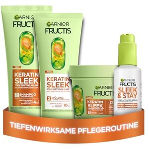 Garnier Fructis Keratin Sleek Haarpflegeset mit Shampoo, Spülung, Haarmaske und Haarserum, Keratin-Sleek Komplex mit Arganöl, für intensive Glättung, langanhaltender Glanz, Anti-Frizz, Routine, 4tlg. Garnier Fructis Keratin Sleek Haarpflegeset mit Shampoo, Spülung, Haarmaske und Haarserum, Keratin-Sleek Komplex mit Arganöl, für intensive Glättung, langanhaltender Glanz, Anti-Frizz, Routine, 4tlg.
