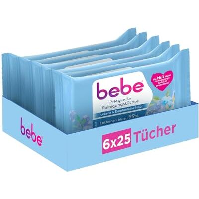 bebe Pflegende Reinigungstücher gründlich reinigende Abschminktücher mit Kokoswasser für trockene & empfindliche Haut , 6 x 25 Stück bebe Pflegende Reinigungstücher gründlich reinigende Abschminktücher mit Kokoswasser für trockene & empfindliche Haut , 6 x 25 Stück