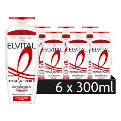 L'Oreal Paris L'Oréal Paris Elvital Reparierendes Shampoo gegen 5 Probleme geschädigter Haare, Mit Cicamide und Pro-Keratin, Total Repair 5, 6 x 300 ml L'Oreal Paris L'Oréal Paris Elvital Reparierendes Shampoo gegen 5 Probleme geschädigter Haare, Mit Cicamide und Pro-Keratin, Total Repair 5, 6 x 300 ml