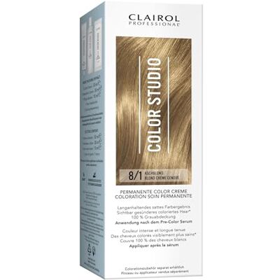 Clairol Professional Color Studio Permanente Haarfarbe Aschblond 8/1 (110 ml) – mit Metal-Purifier für 6 x weniger Haarbruch, 10 Wochen sattes Farbergebnis & 100 % Grauabdeckung – inkl. Haarkur Clairol Professional Color Studio Permanente Haarfarbe Aschblond 8/1 (110 ml) – mit Metal-Purifier für 6 x weniger Haarbruch, 10 Wochen sattes Farbergebnis & 100 % Grauabdeckung – inkl. Haarkur